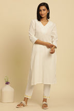 W for Woman Ecru Chikankari Embroidered Kurta | Grocsy