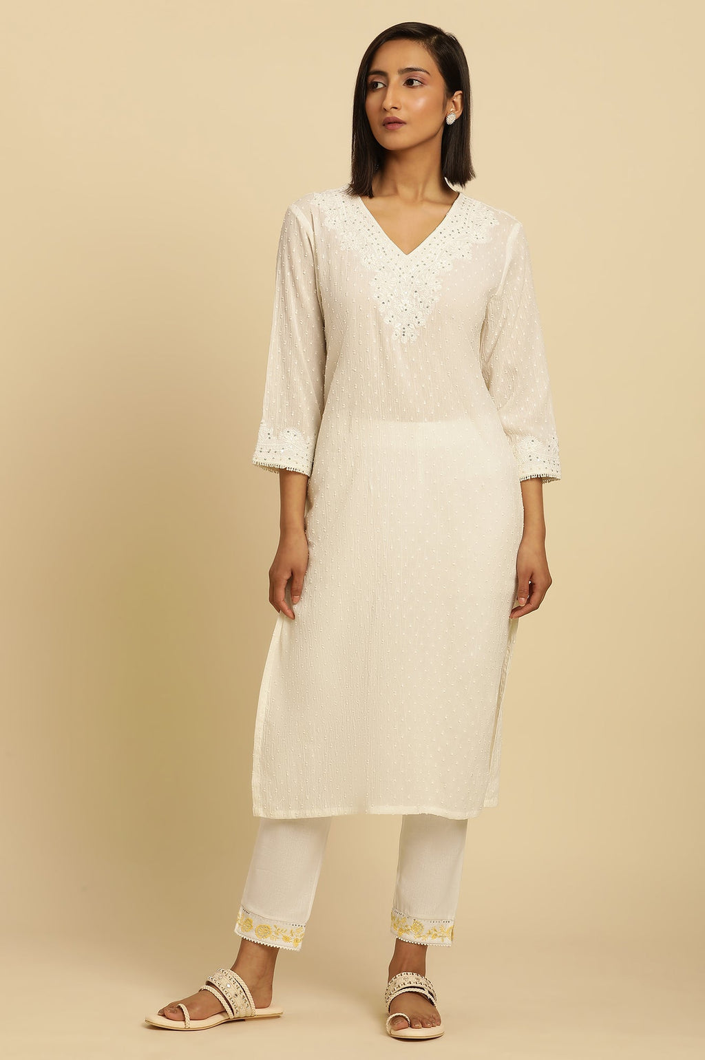 W for Woman Ecru Chikankari Embroidered Kurta | Grocsy