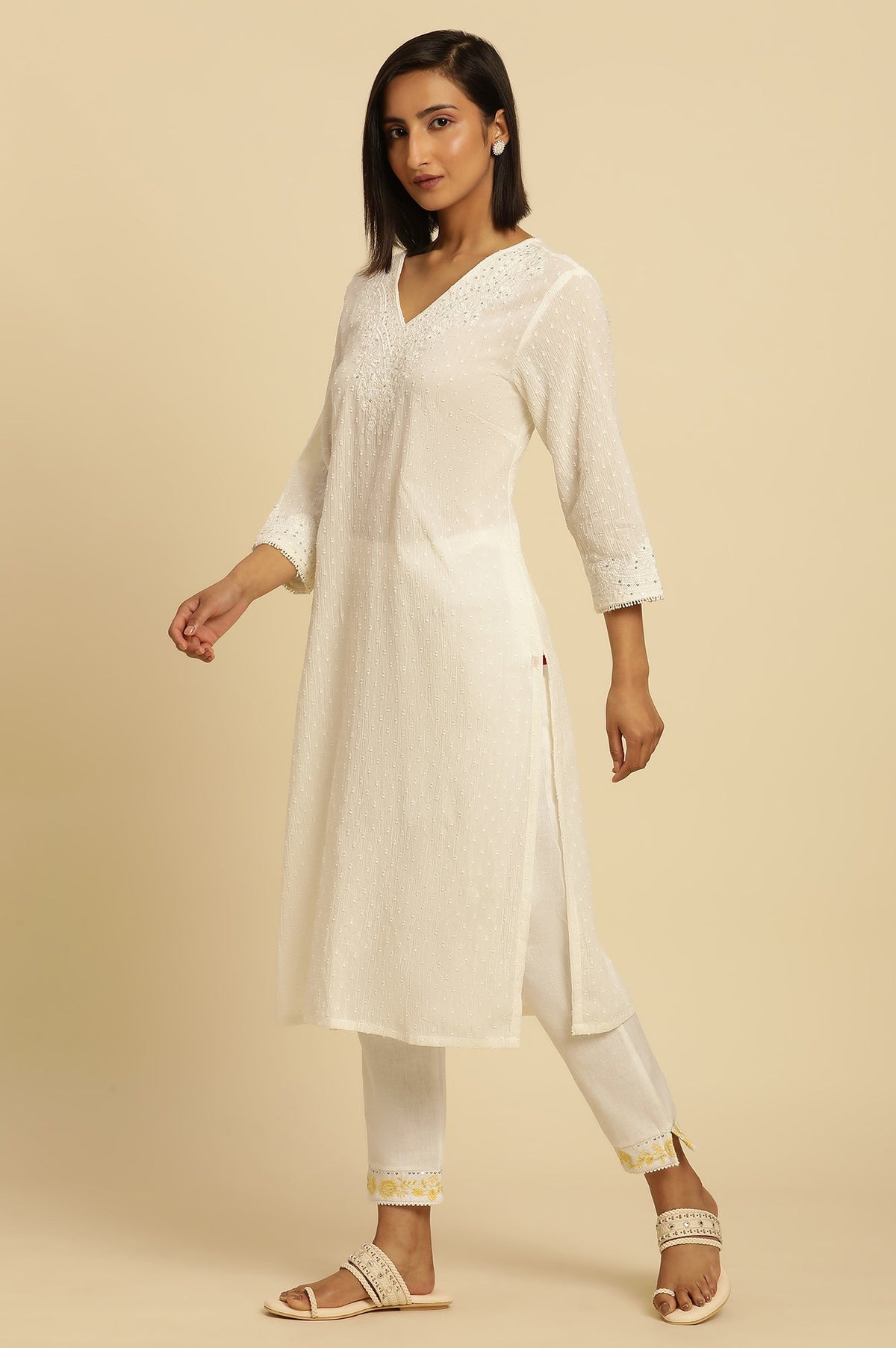 W for Woman Ecru Chikankari Embroidered Kurta | Grocsy
