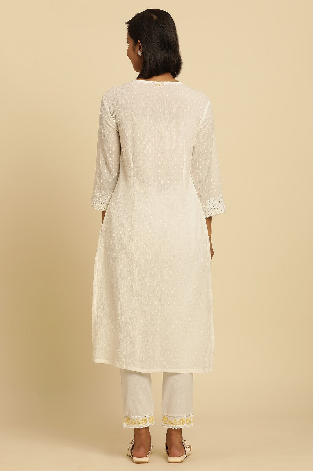 W for Woman Ecru Chikankari Embroidered Kurta | Grocsy