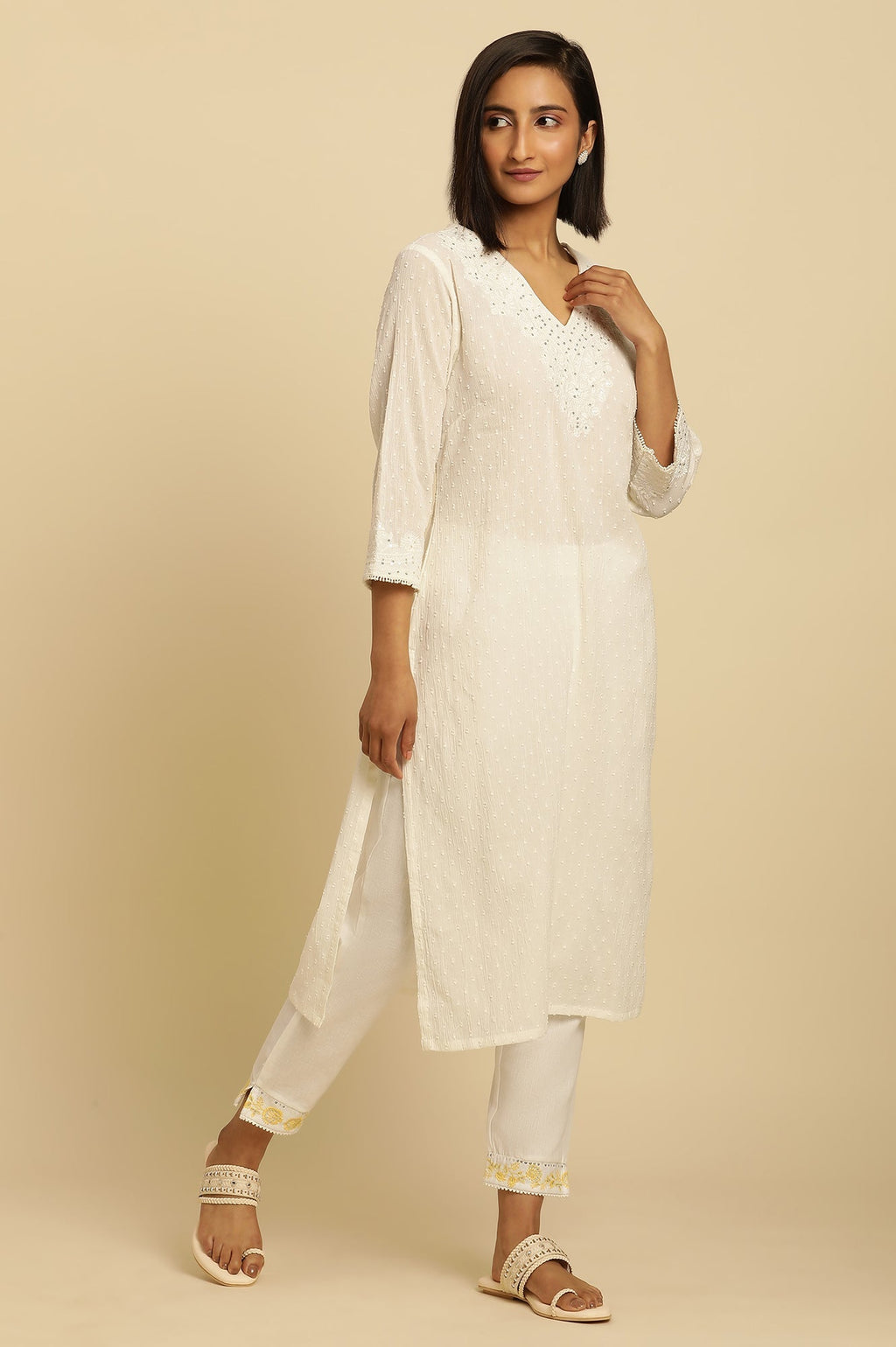 W for Woman Ecru Chikankari Embroidered Kurta | Grocsy