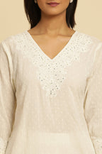 W for Woman Ecru Chikankari Embroidered Kurta | Grocsy