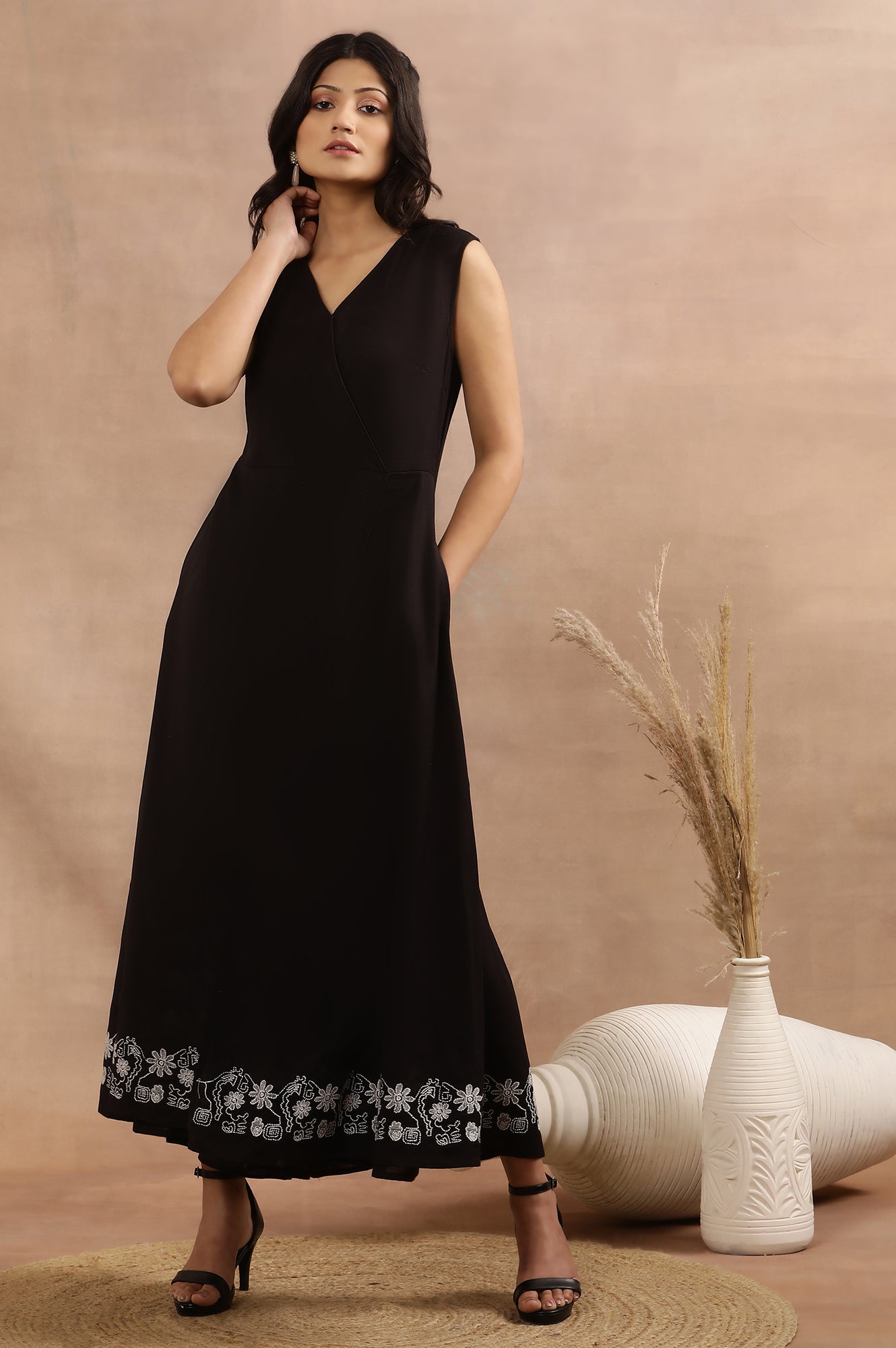 W for Woman Black Sleeveless Long Western Wrap Jumpsuit | Grocsy
