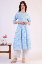 W for Woman Light Blue Floral Printed Pure Cotton Anarkali Kurta and Straight Pants Set | Grocsy