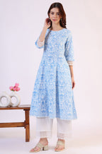 W for Woman Light Blue Floral Printed Pure Cotton Anarkali Kurta and Straight Pants Set | Grocsy