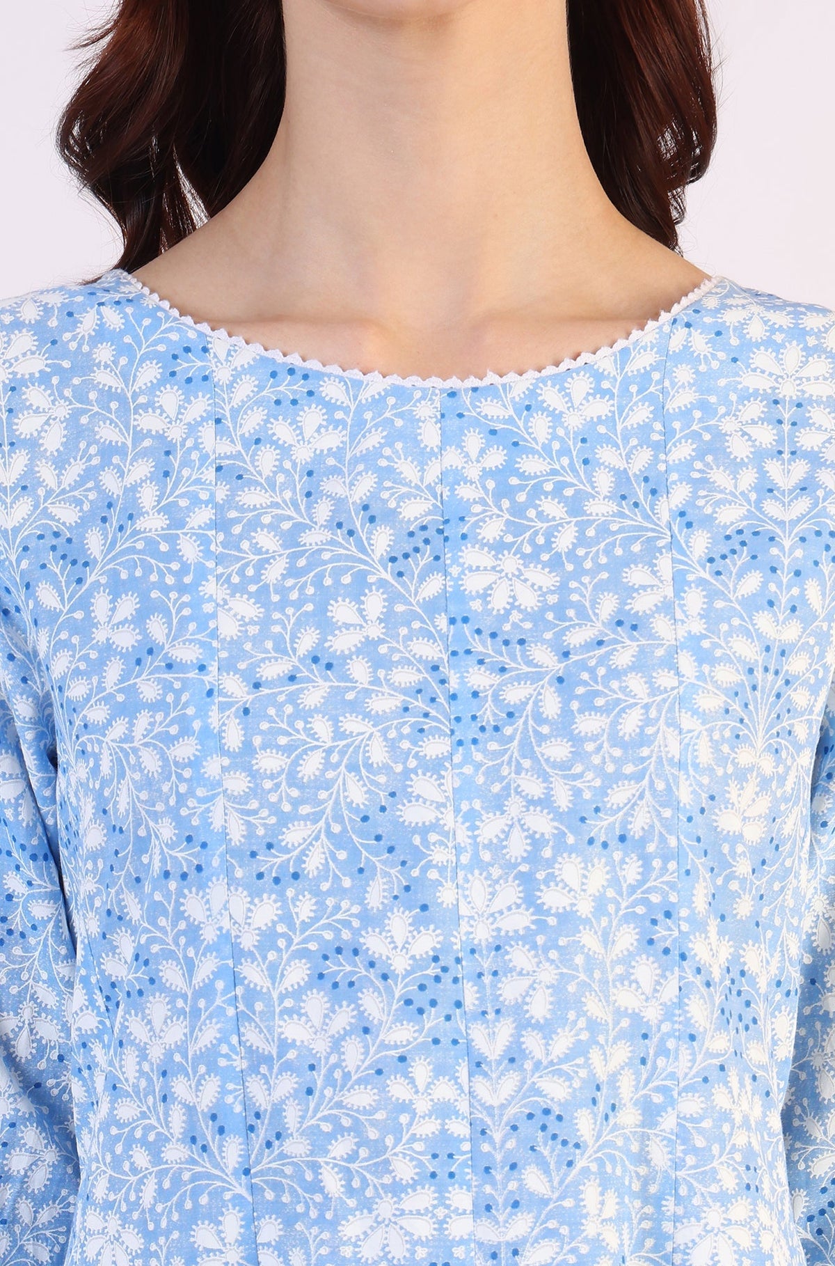 W for Woman Light Blue Floral Printed Pure Cotton Anarkali Kurta and Straight Pants Set | Grocsy