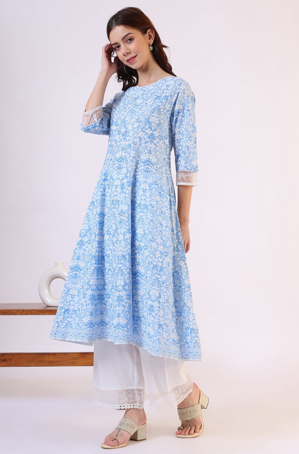 W for Woman Light Blue Floral Printed Pure Cotton Anarkali Kurta and Straight Pants Set | Grocsy