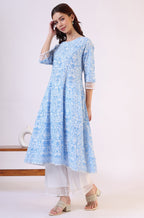 W for Woman Light Blue Floral Printed Pure Cotton Anarkali Kurta and Straight Pants Set | Grocsy