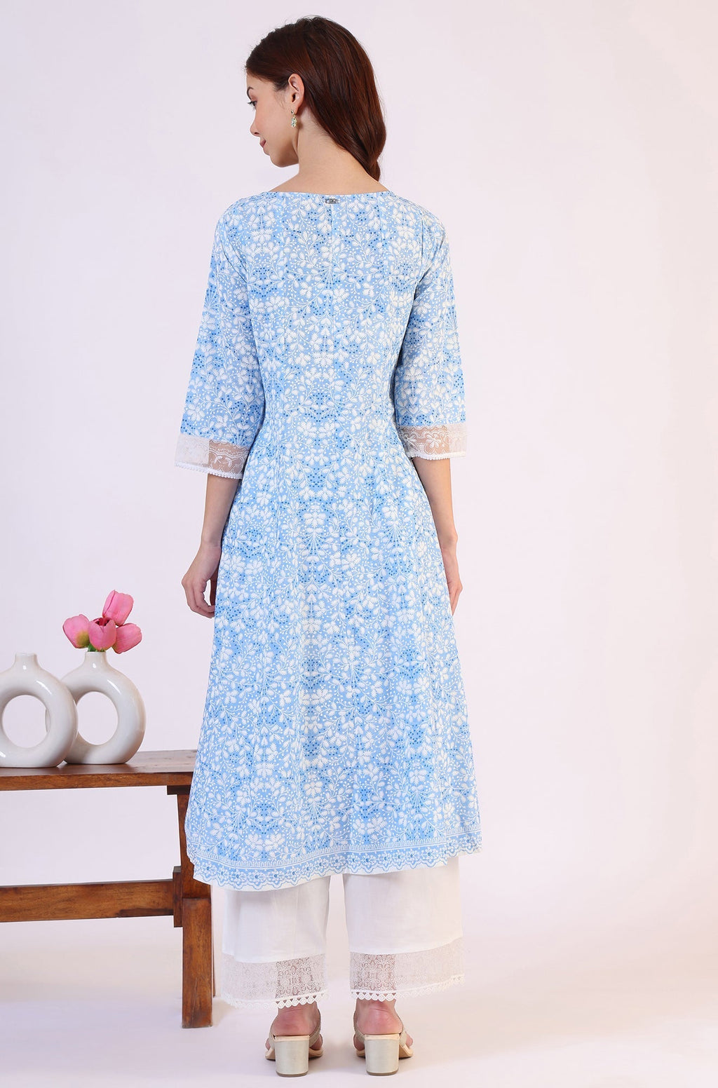 W for Woman Light Blue Floral Printed Pure Cotton Anarkali Kurta and Straight Pants Set | Grocsy