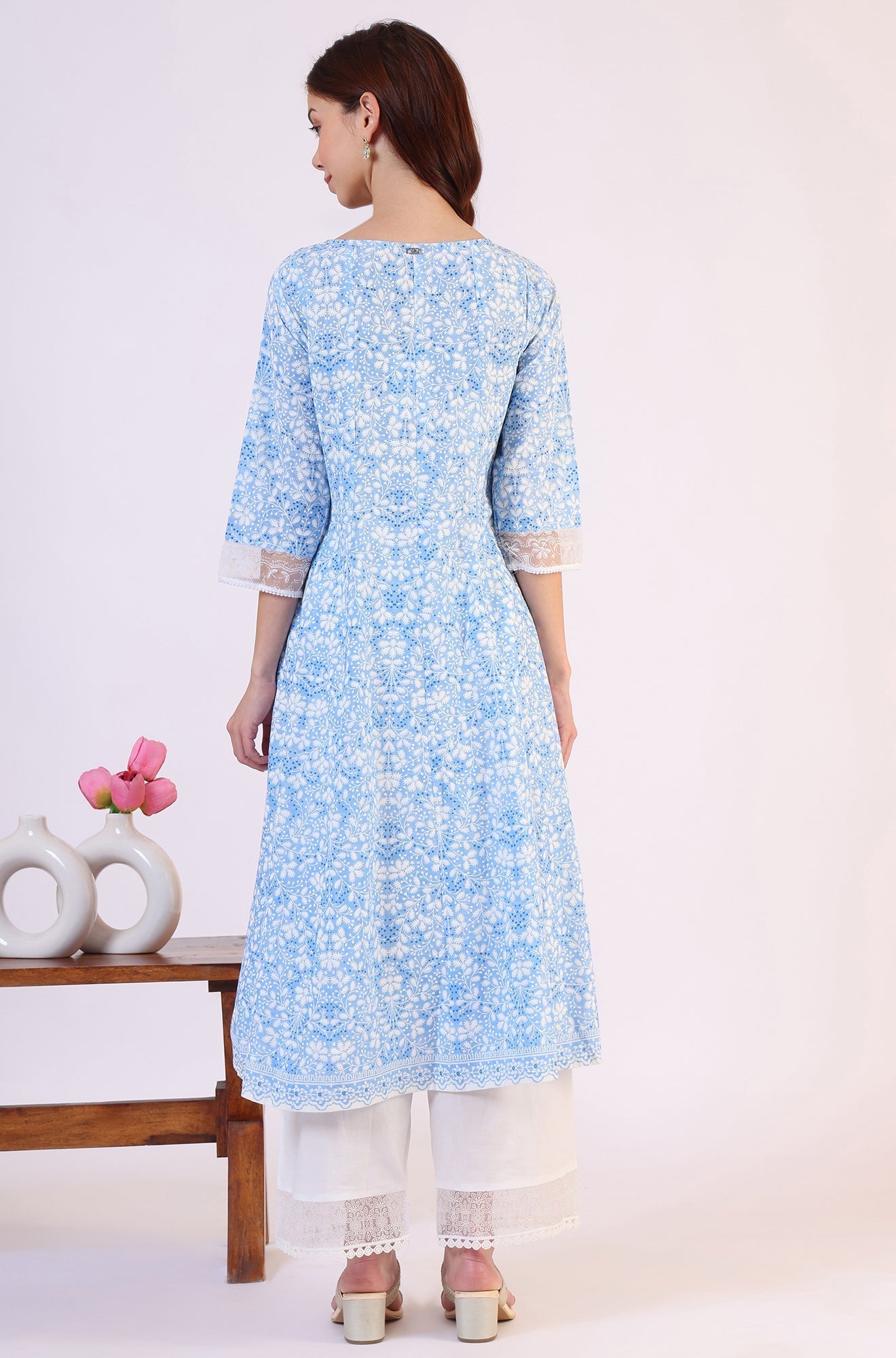 W for Woman Light Blue Floral Printed Pure Cotton Anarkali Kurta and Straight Pants Set | Grocsy