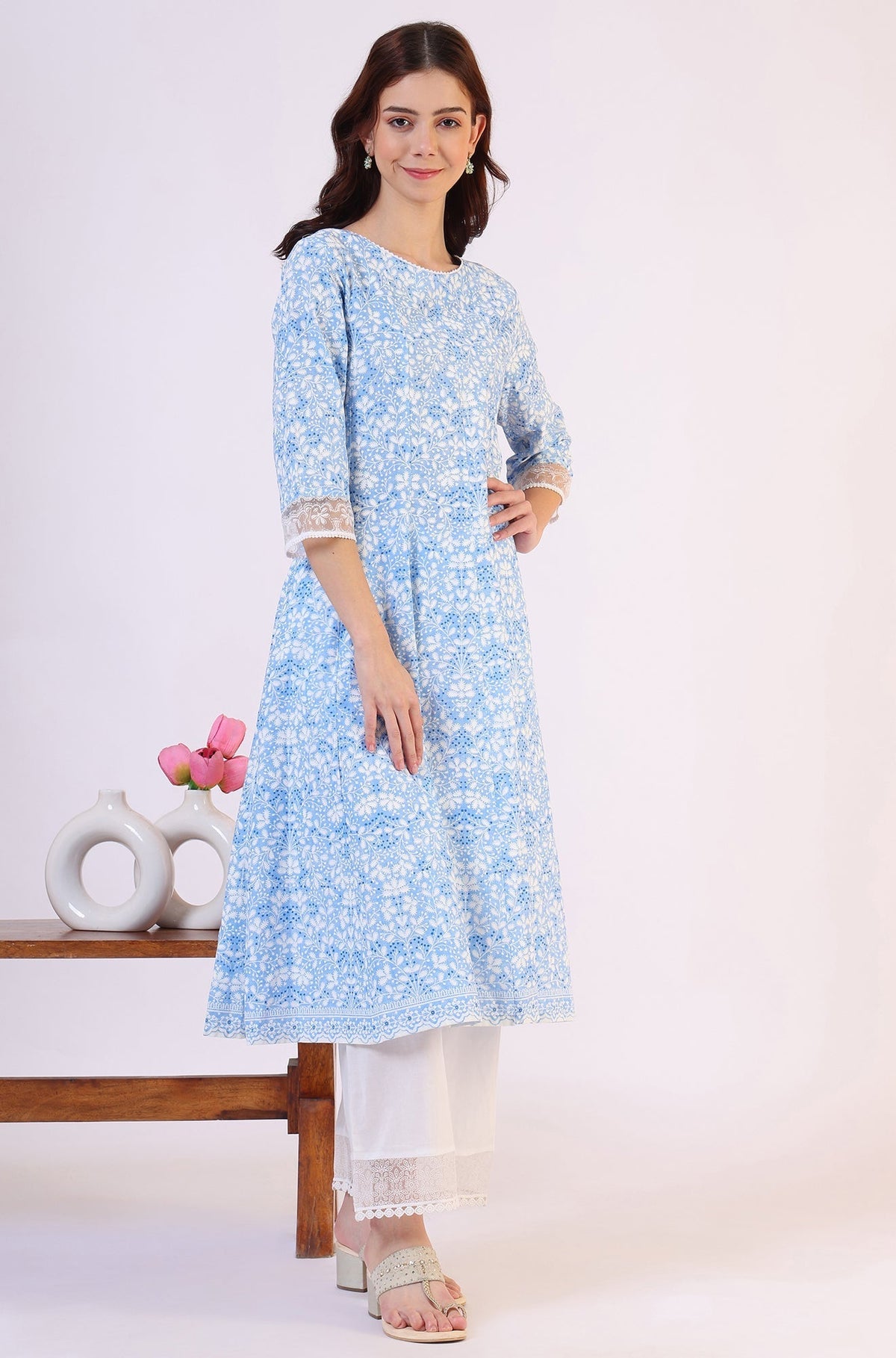 W for Woman Light Blue Floral Printed Pure Cotton Anarkali Kurta and Straight Pants Set | Grocsy