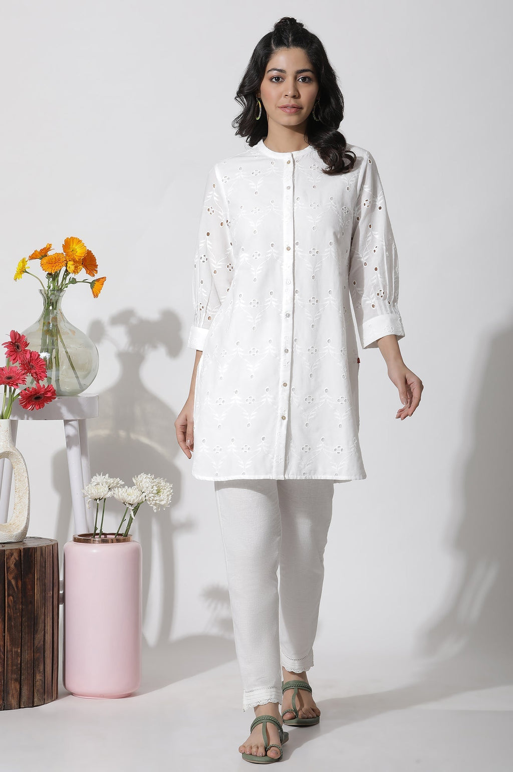 W for Woman White Schiffli Cotton Short Kurta | Grocsy