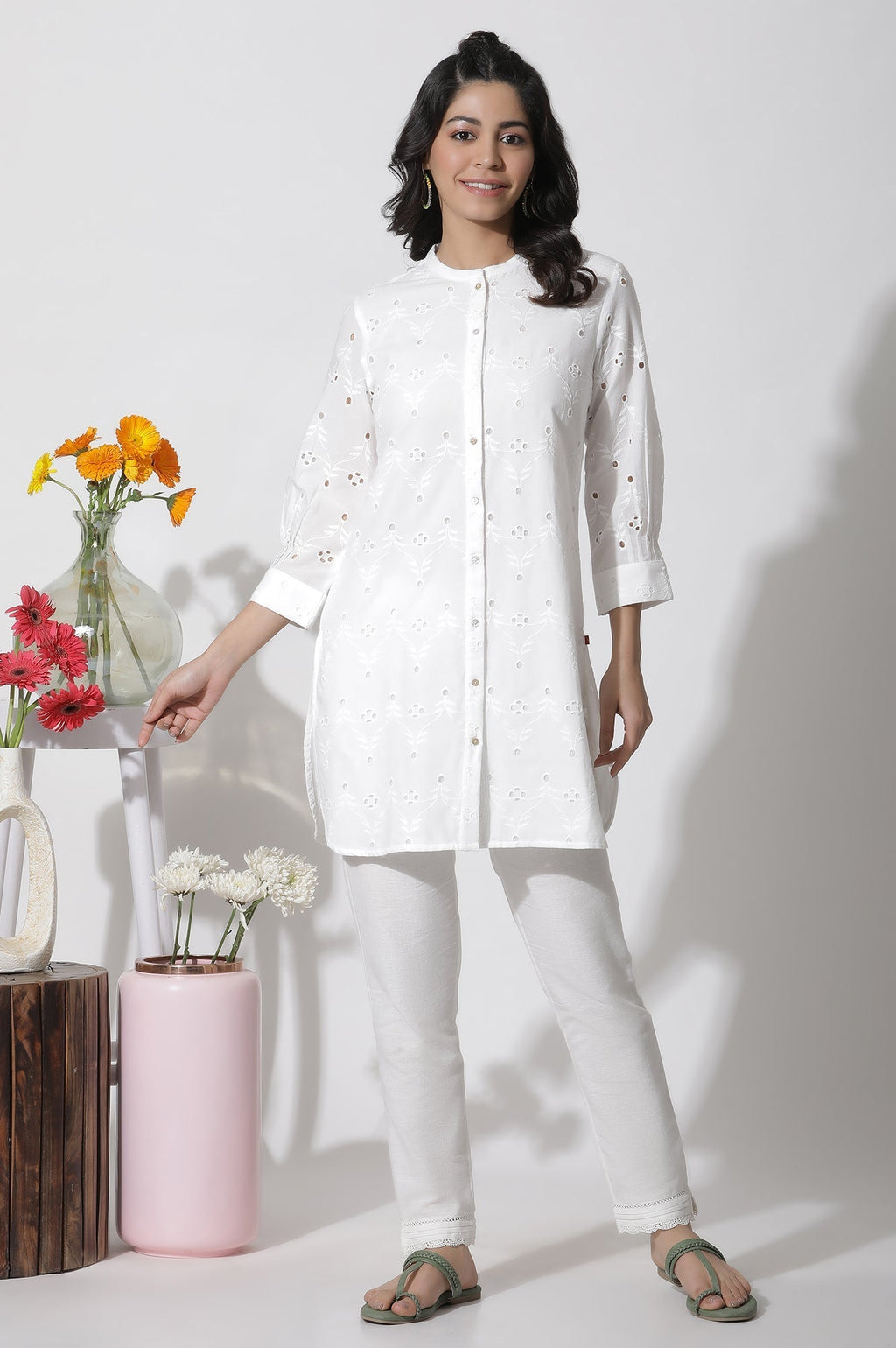 W for Woman White Schiffli Cotton Short Kurta | Grocsy