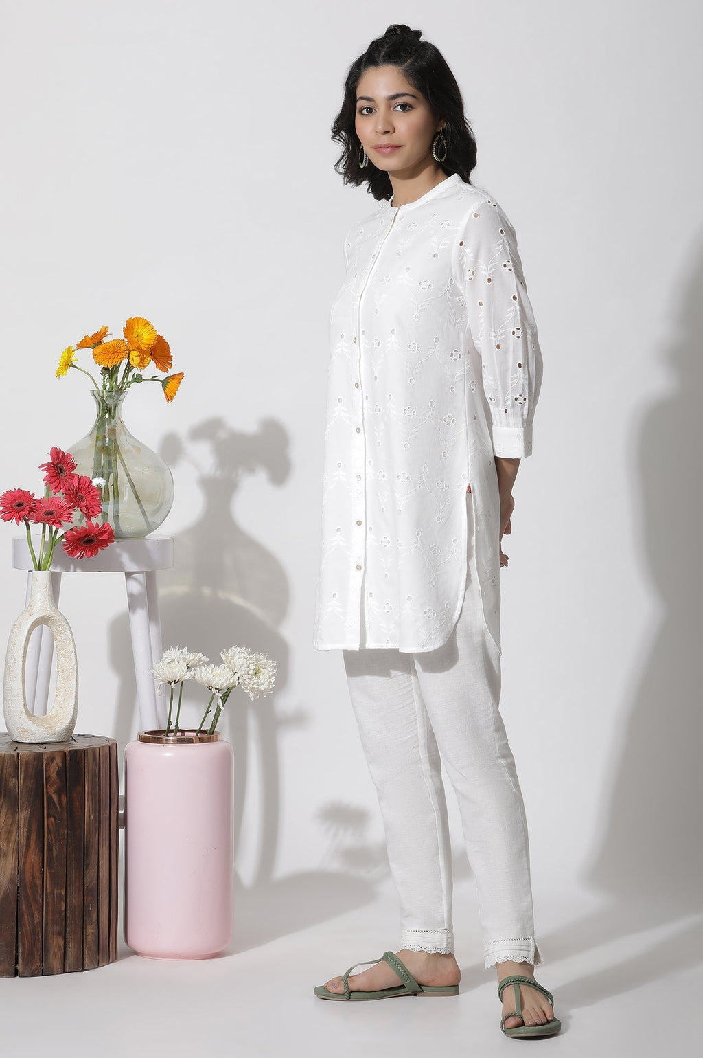 W for Woman White Schiffli Cotton Short Kurta | Grocsy