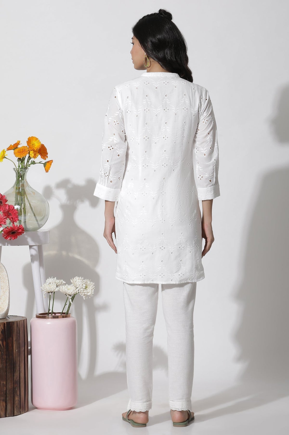 W for Woman White Schiffli Cotton Short Kurta | Grocsy