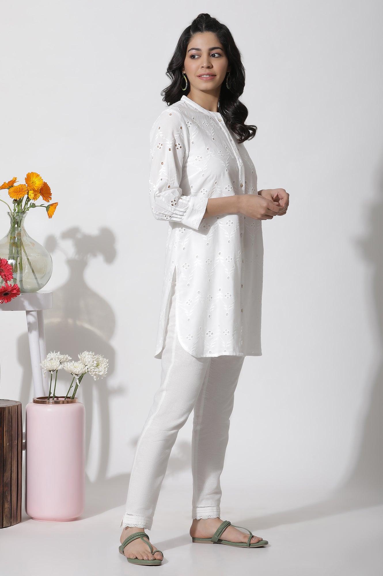 W for Woman White Schiffli Cotton Short Kurta | Grocsy