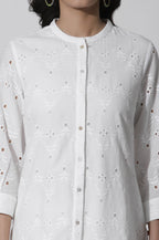 W for Woman White Schiffli Cotton Short Kurta | Grocsy