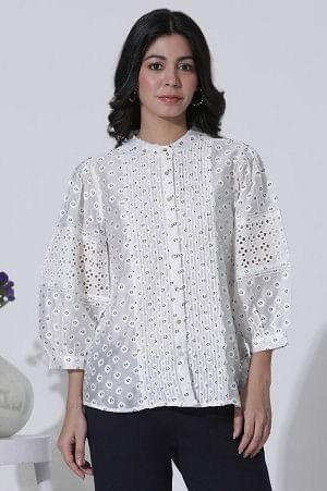 W for Woman White Schiffli Button Down Western Top | Grocsy
