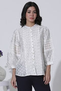 W for Woman White Schiffli Button Down Western Top | Grocsy