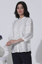 W for Woman White Schiffli Button Down Western Top | Grocsy