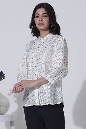 W for Woman White Schiffli Button Down Western Top | Grocsy