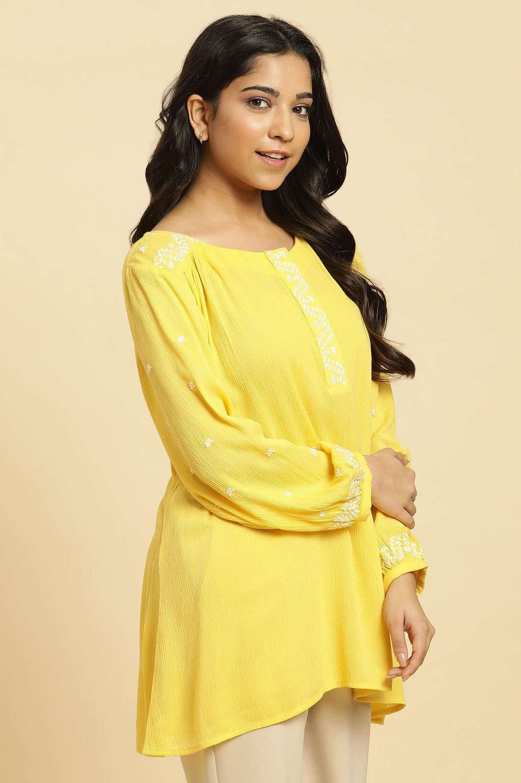 W for Woman Yellow Summer Top With White Floral Embroidery | Grocsy