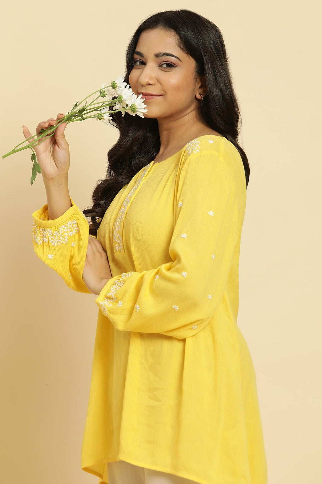 W for Woman Yellow Summer Top With White Floral Embroidery | Grocsy