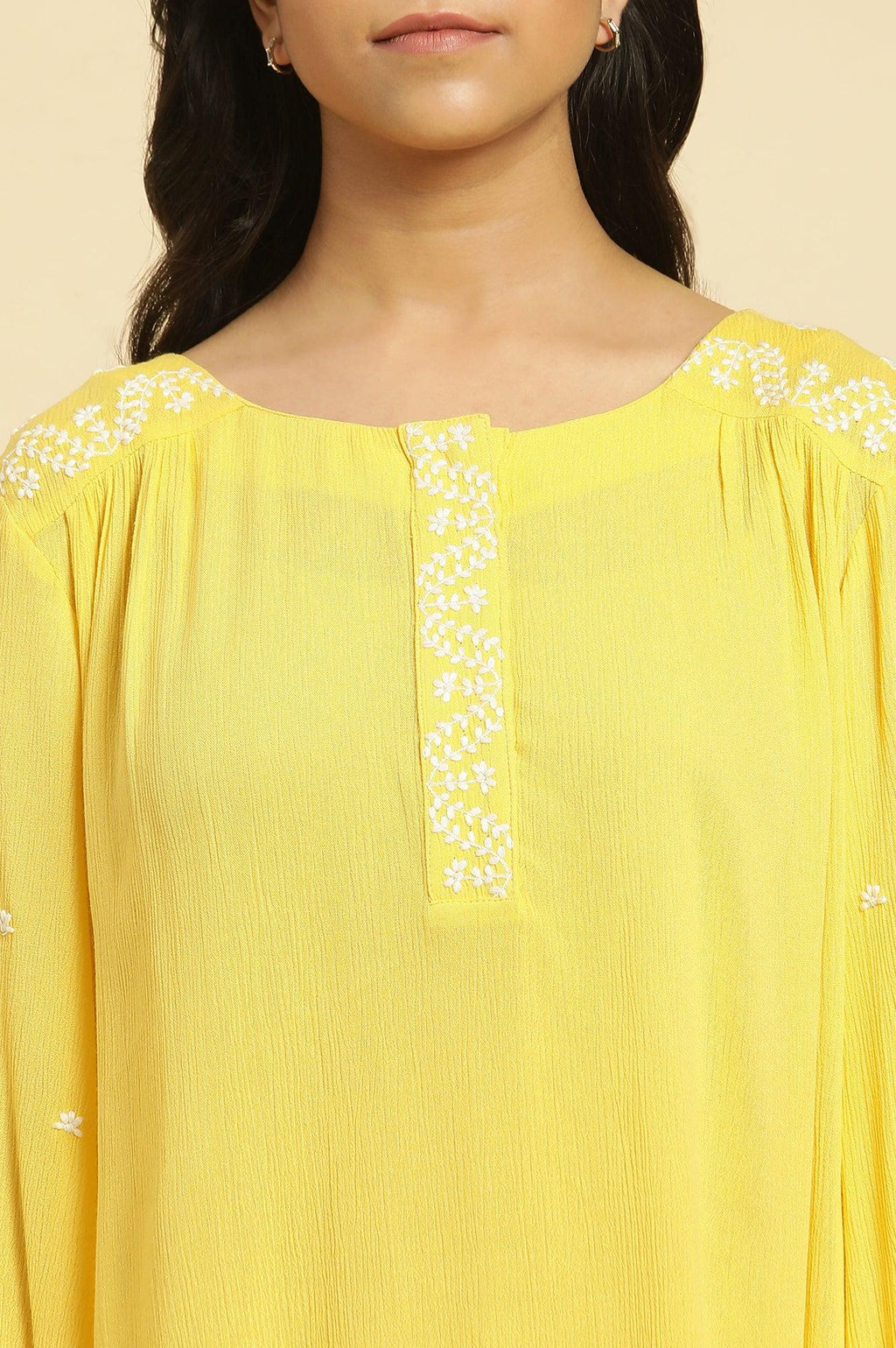 W for Woman Yellow Summer Top With White Floral Embroidery | Grocsy
