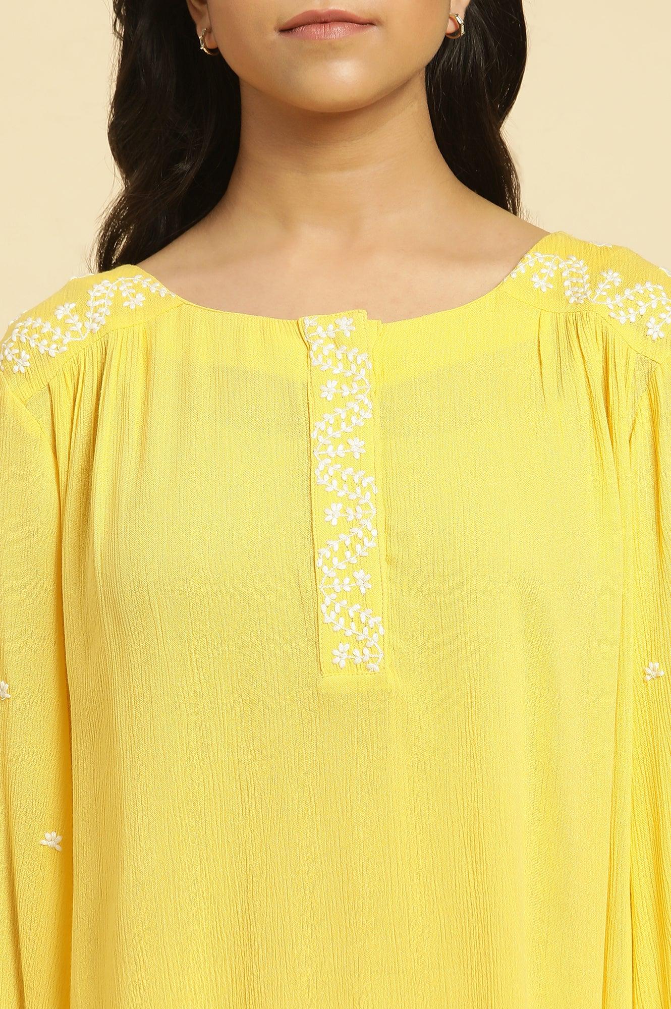W for Woman Yellow Summer Top With White Floral Embroidery | Grocsy