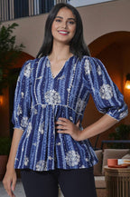 W for Woman Blue Floral Printed Top With Lace | Grocsy