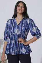 W for Woman Blue Floral Printed Top With Lace | Grocsy