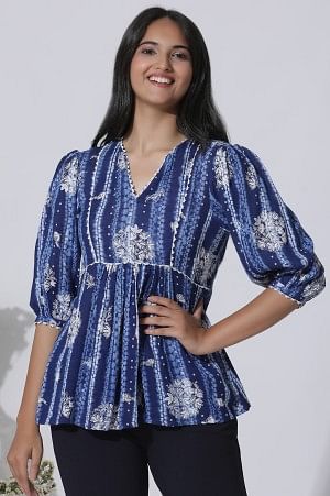 W for Woman Blue Floral Printed Top With Lace | Grocsy
