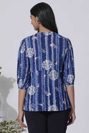 W for Woman Blue Floral Printed Top With Lace | Grocsy