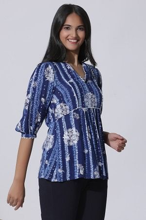 W for Woman Blue Floral Printed Top With Lace | Grocsy