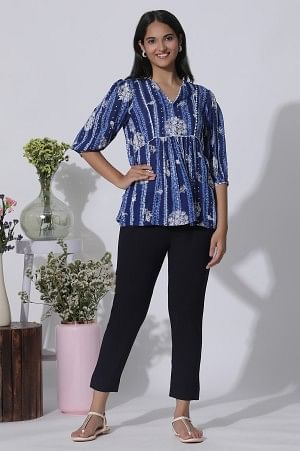 W for Woman Blue Floral Printed Top With Lace | Grocsy