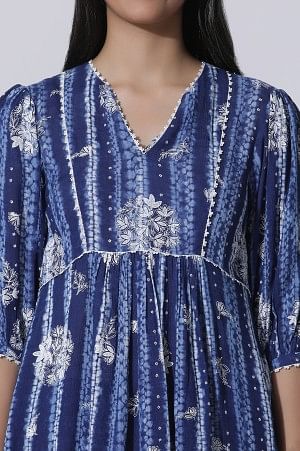 W for Woman Blue Floral Printed Top With Lace | Grocsy
