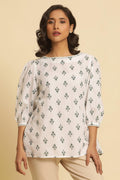 W for Woman White Printed Top Wit Lace And Puffed Sleeves | Grocsy