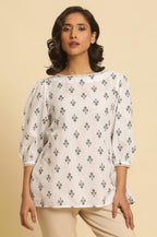 W for Woman White Printed Top Wit Lace And Puffed Sleeves | Grocsy