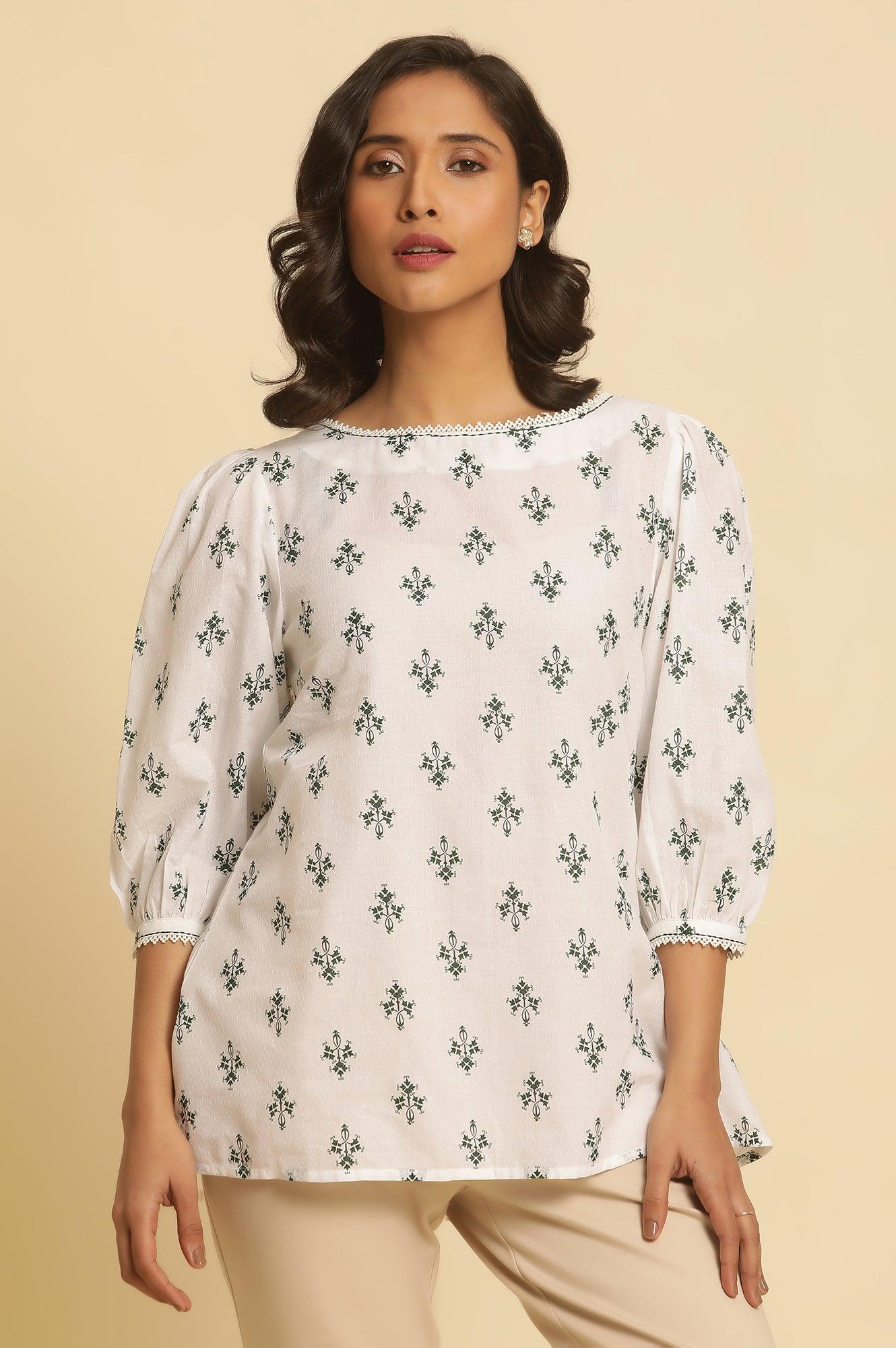 W for Woman White Printed Top Wit Lace And Puffed Sleeves | Grocsy