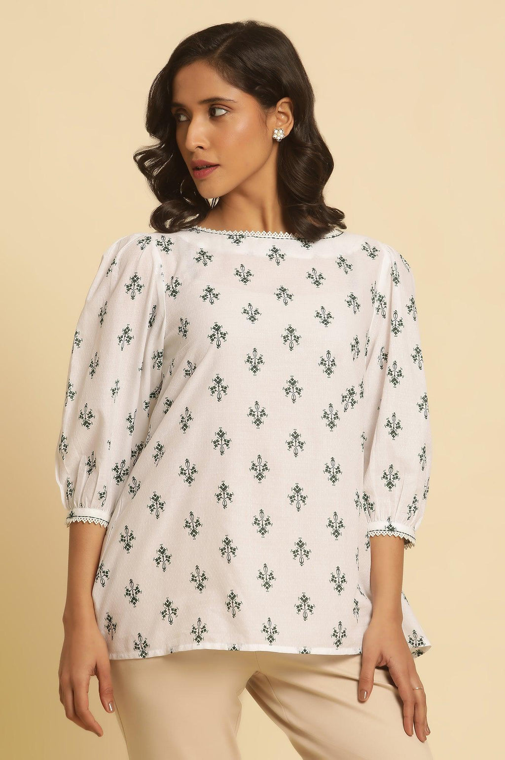 W for Woman White Printed Top Wit Lace And Puffed Sleeves | Grocsy