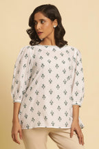 W for Woman White Printed Top Wit Lace And Puffed Sleeves | Grocsy