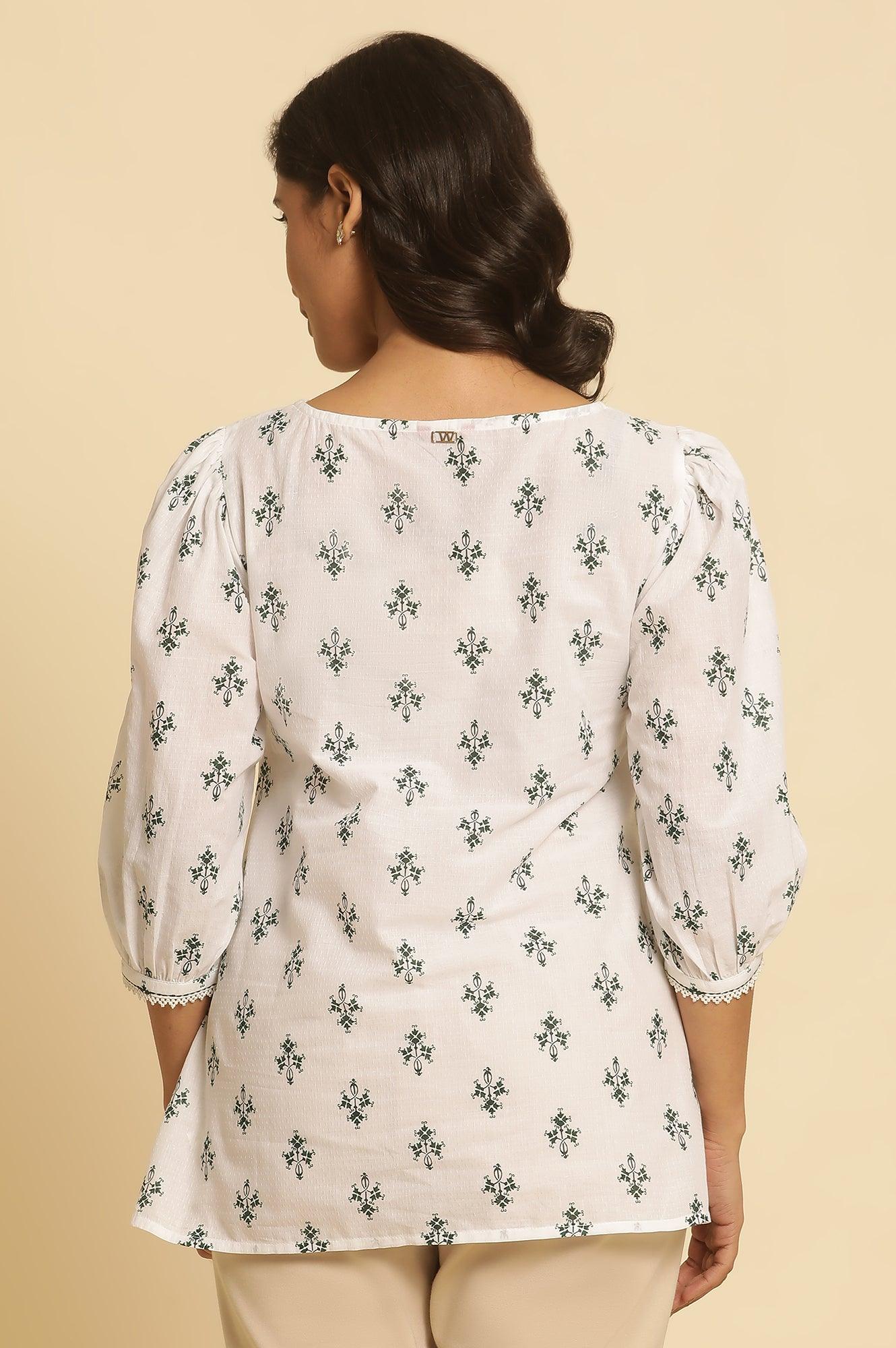W for Woman White Printed Top Wit Lace And Puffed Sleeves | Grocsy