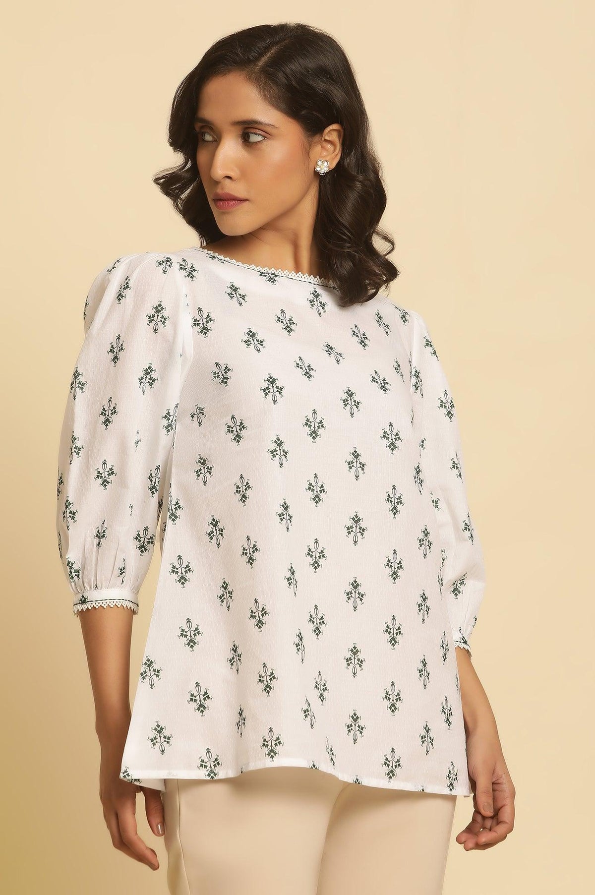 W for Woman White Printed Top Wit Lace And Puffed Sleeves | Grocsy