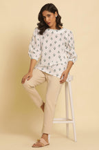 W for Woman White Printed Top Wit Lace And Puffed Sleeves | Grocsy