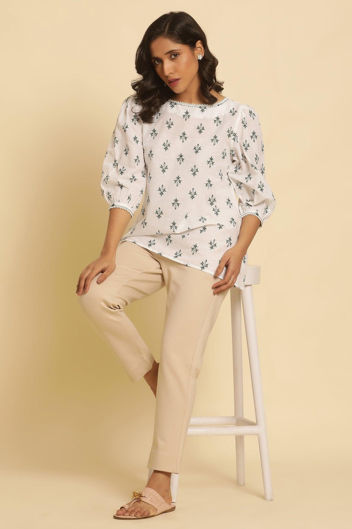 W for Woman White Printed Top Wit Lace And Puffed Sleeves | Grocsy