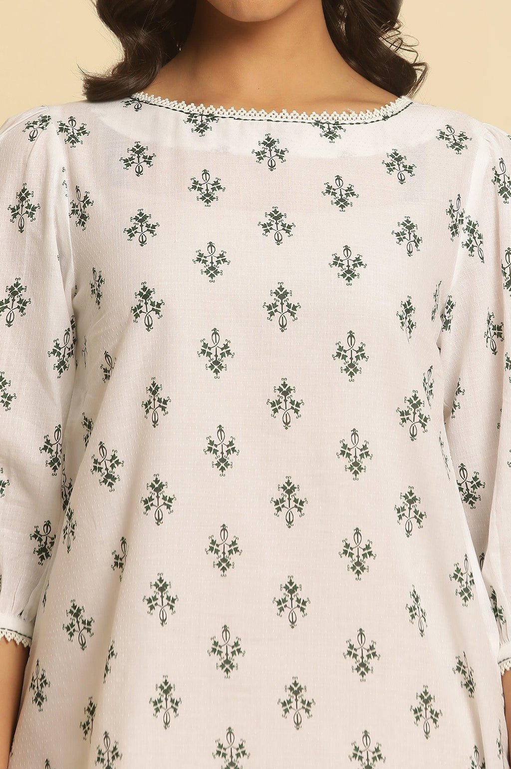 W for Woman White Printed Top Wit Lace And Puffed Sleeves | Grocsy