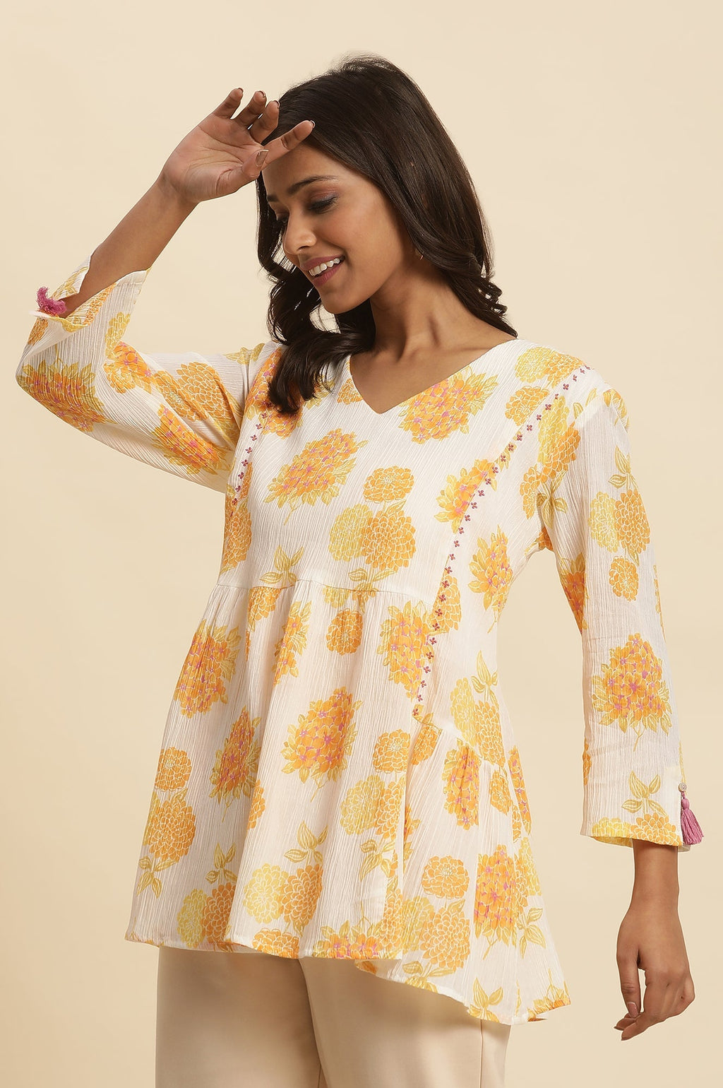 W for Woman White Floral Printed Flared Peplum Top | Grocsy