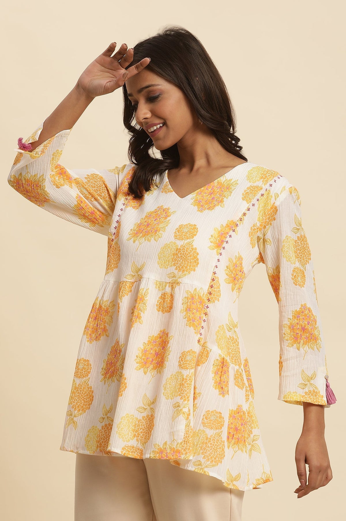 W for Woman White Floral Printed Flared Peplum Top | Grocsy