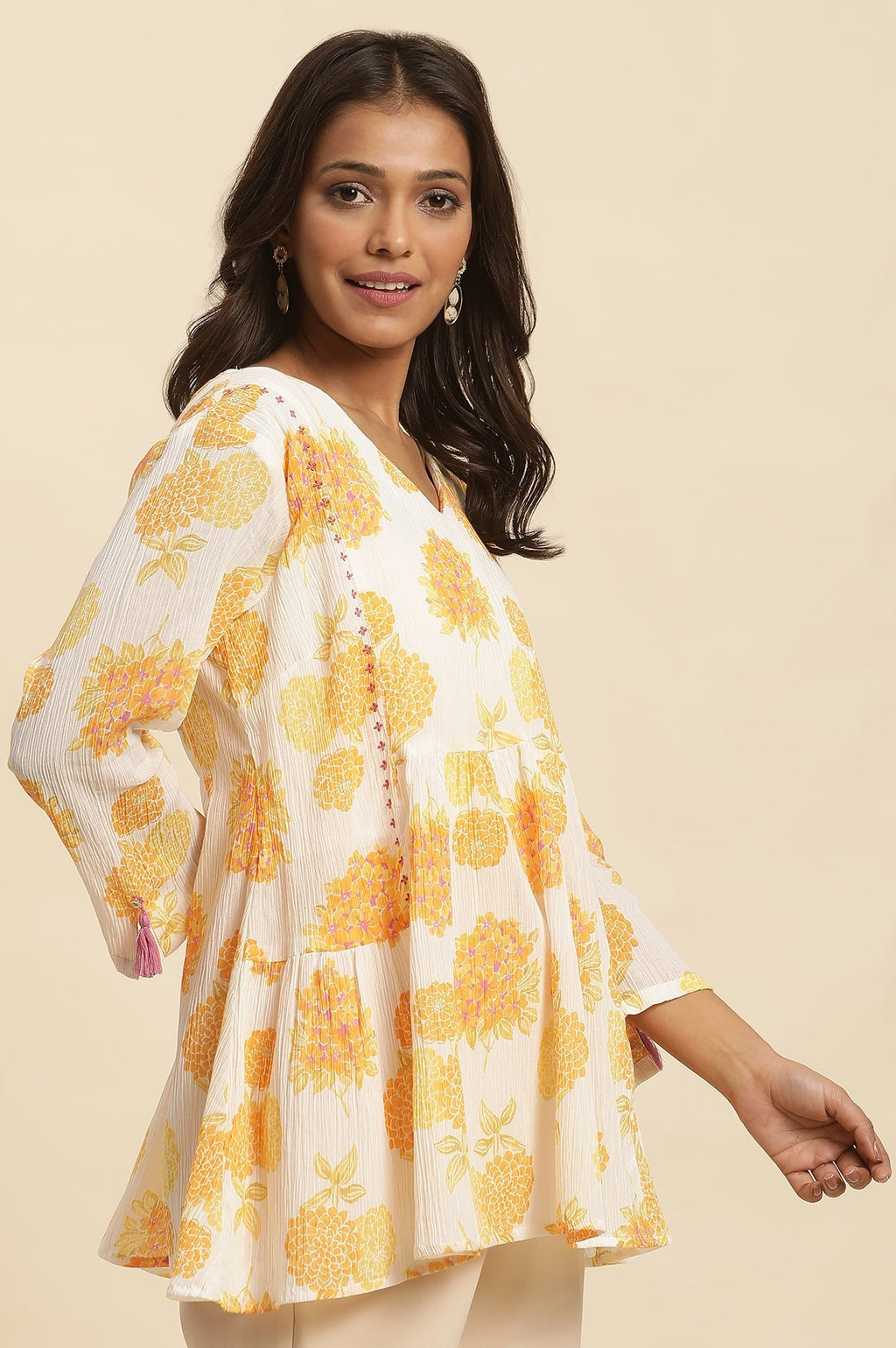 W for Woman White Floral Printed Flared Peplum Top | Grocsy