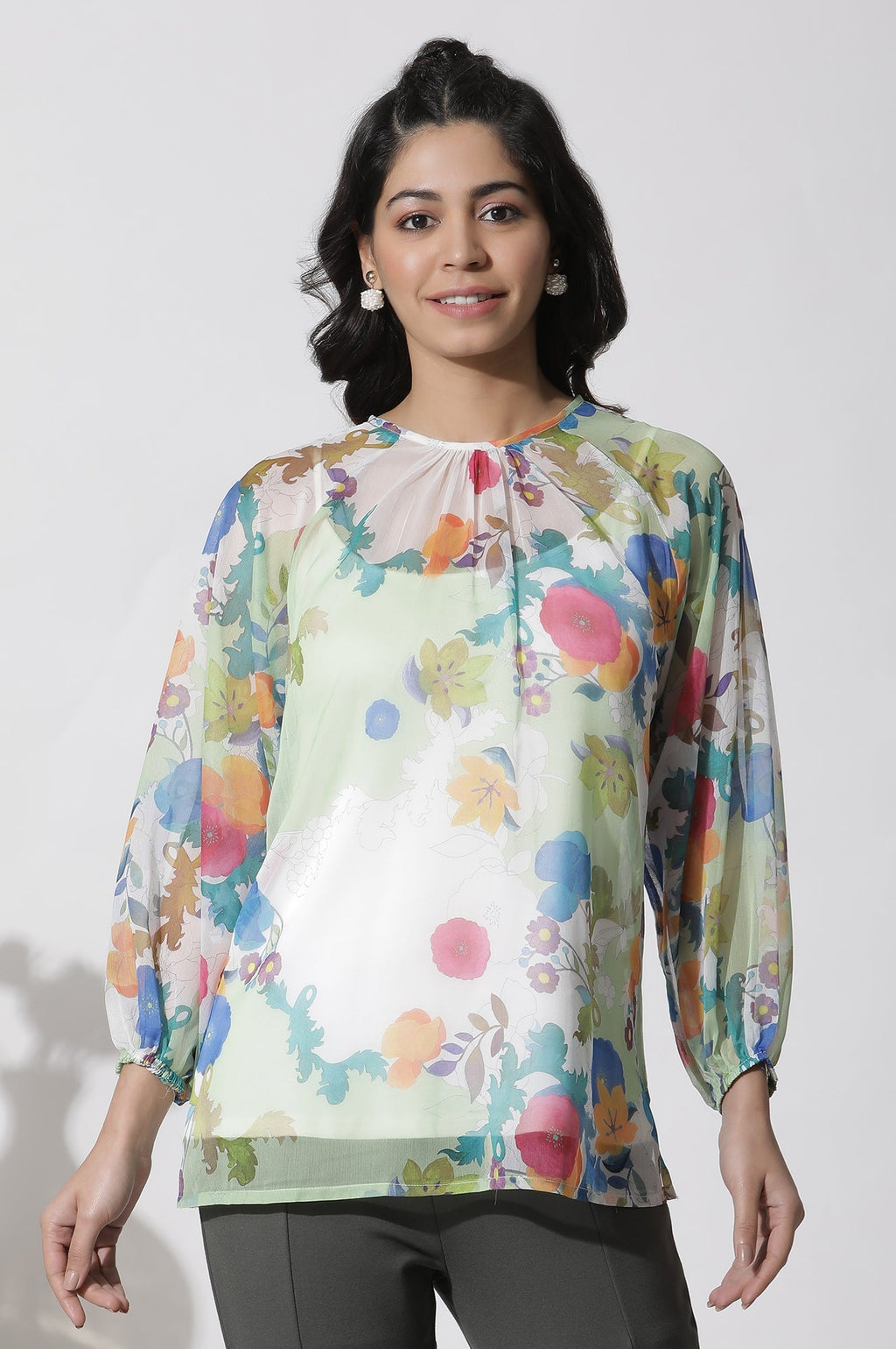 W for Woman Whote Floral Printed Chiffon Top | Grocsy
